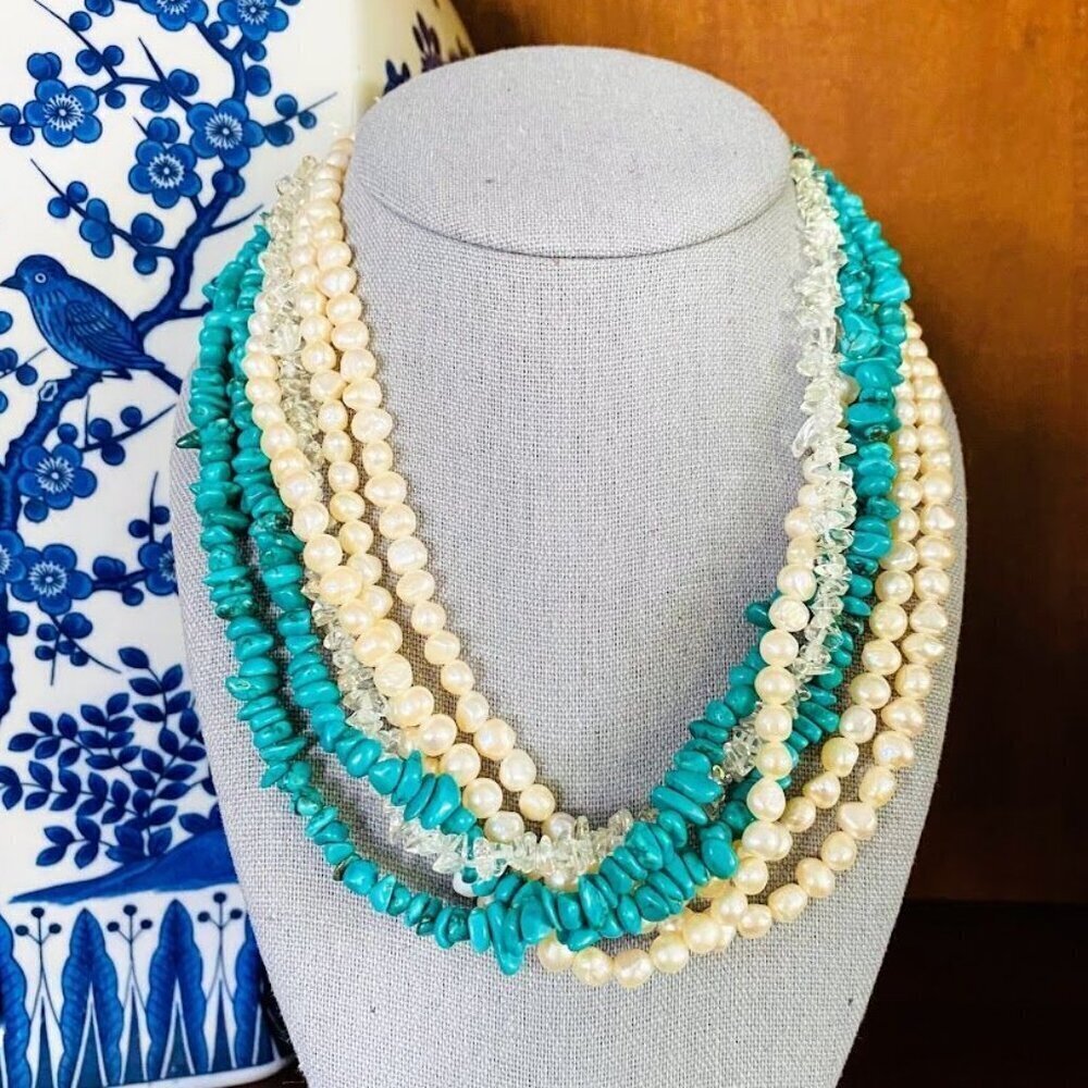 Lucas Lameth LUC 925 CN Sterling Silver Turquoise Pearl and Quartz Multi Layered